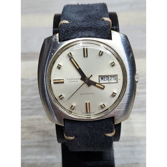 Rare Mens Sarcar Geneve Automatic Swiss Made Silver Tone Watch Starts & Stops